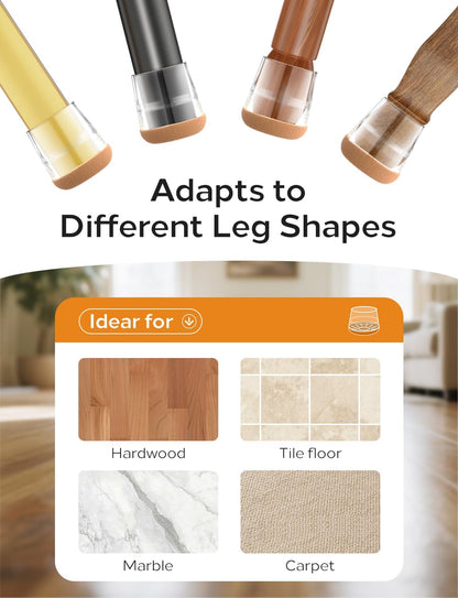 24-Pack Silicone Chair Leg Floor Protectors for Hardwood Floors -Felt Furniture Pads, Rubber Chair Leg Covers/Caps - No Noise & Scratch-Proof - Round Large (Fits 1 5/16"-1 7/16" / 32-36mm), Clear