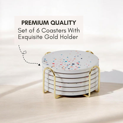 Terrazzo Drink Absorbent Coasters with Holder Set of 6, Ceramic Coaster for Drinks, Coffee Table Decor, Water Absorbing Stone Coaster for Drinks (Color Burst)