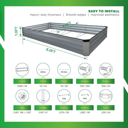 GARDMAX 8x4x1FT Galvanized Raised Garden Bed Kit, Metal Planter Boxes Outdoor with Easy Assembly, Large Garden Bed for Vegetables, Fruits, Flower, Herbs Rectangle Silver