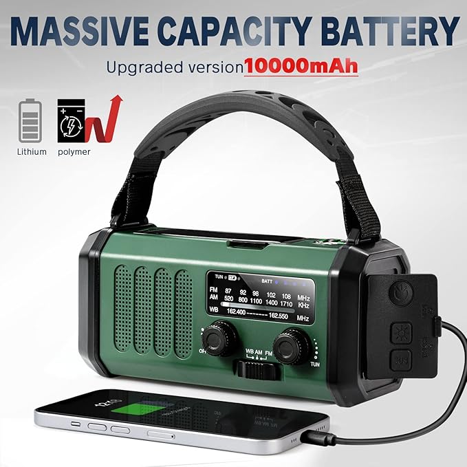 10000mAh Hand Crank Emergency Radio, NOAA Weather Radio with AM/FM solar Radio, Rechargeable Battery, Flashlight & Reading Light, SOS Cell Phone Charger for Christmas gift Indoor Outdoor Emergencies