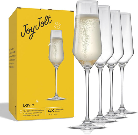 JoyJolt Champagne Glasses Layla Collection, Set of 4 – 6.7 oz Elegant Crystal Stemmed Champagne Flutes for Prosecco, Sparkling Wine, Mimosas, Cocktails, Weddings, Anniversaries, Parties
