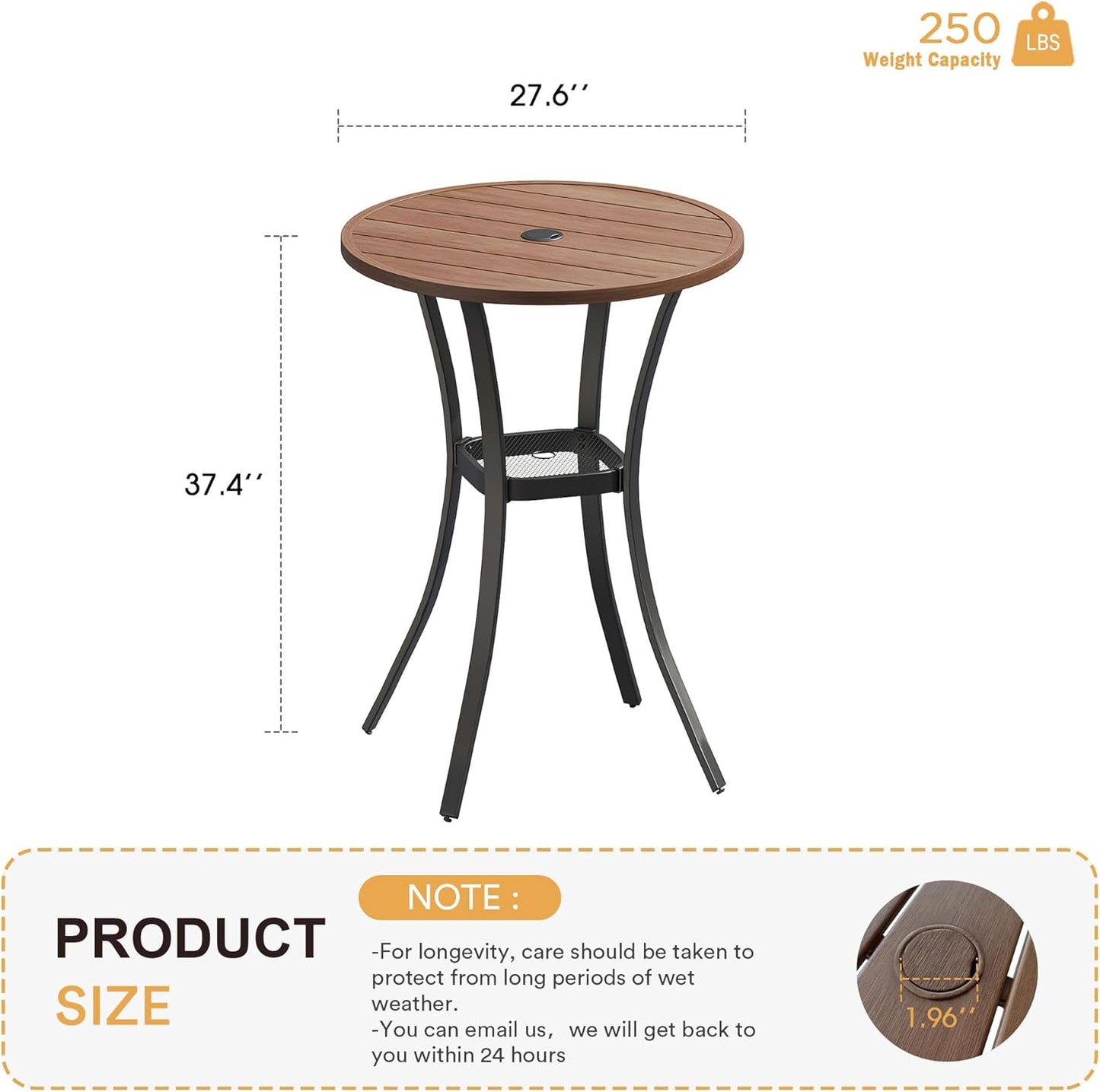 VICLLAX 28" Round Outdoor Bar Table, Counter Height Patio Table with Adjustable Umbrella Hole for Balcony, Walnut Wood-Like