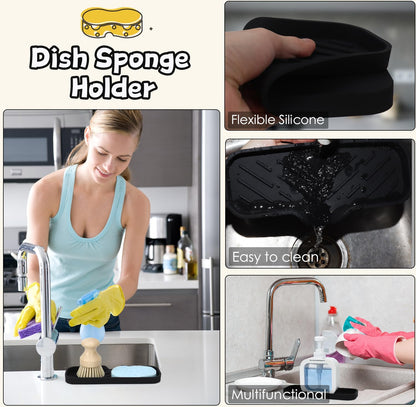 Silicone Bathroom Soap Dishes, Sponge Holder for Kitchen Sink, Shower Soap Holder with Drain, Soap Dispenser Tray, Soap Dish for Bottle, Cup, Sink or Counter Organizer - Black 9" x 3.15"