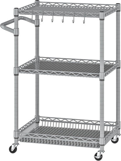 Metal Carts with Wheels,3 Tier Rolling Utility Carts with Storage, Steel Wire Service Cart with Handle Bar&Shelf Liner, Commercial Grade Kitchen Trolley for Indoor & Outdoor Use