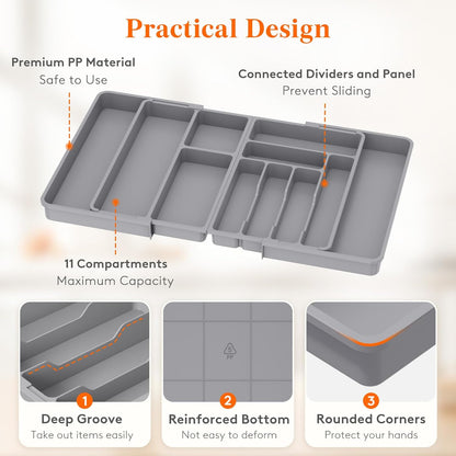 Lifewit Large Silverware Drawer Organizer, Plastic Cooking Utensil Tray for Kitchen, Expandable From 21 to 36 Inches, Adjustable Flatware Cutlery Spoon Fork Knife Spatula Gadgets Holder, Gray