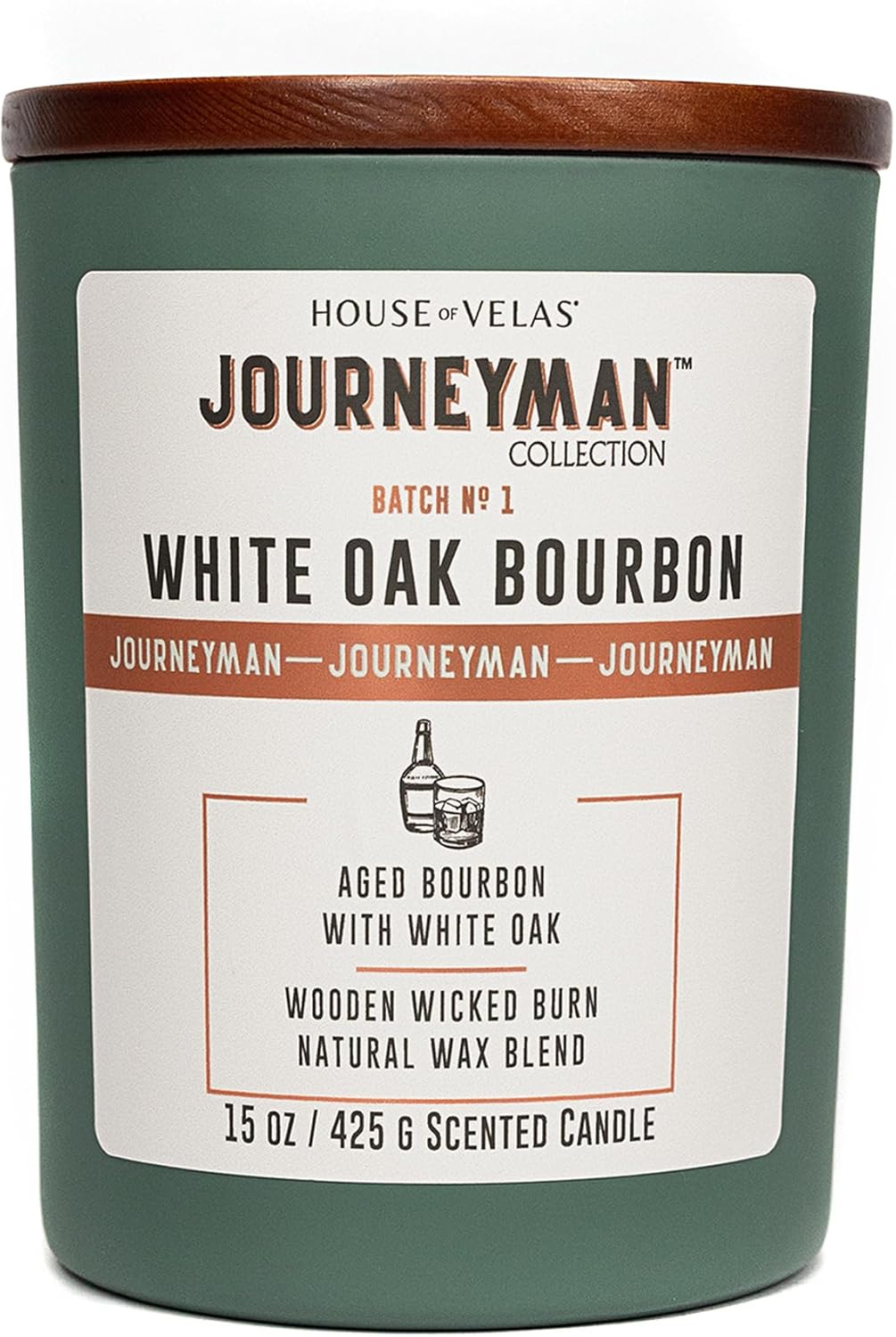 Journeyman Collection Candle, 15oz, Wooden Wick, White Oak Bourbon, Large Painted Jar