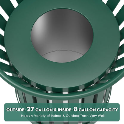 8Gallon Round Large Outdoor Trash Can, Heavy Duty Metal Slatted Garbage Can Outdoor, All Weather Resistant Commercial Garbage Cans, Waste Receptacle in Park, School, Beach, Patio (Green, Medium)