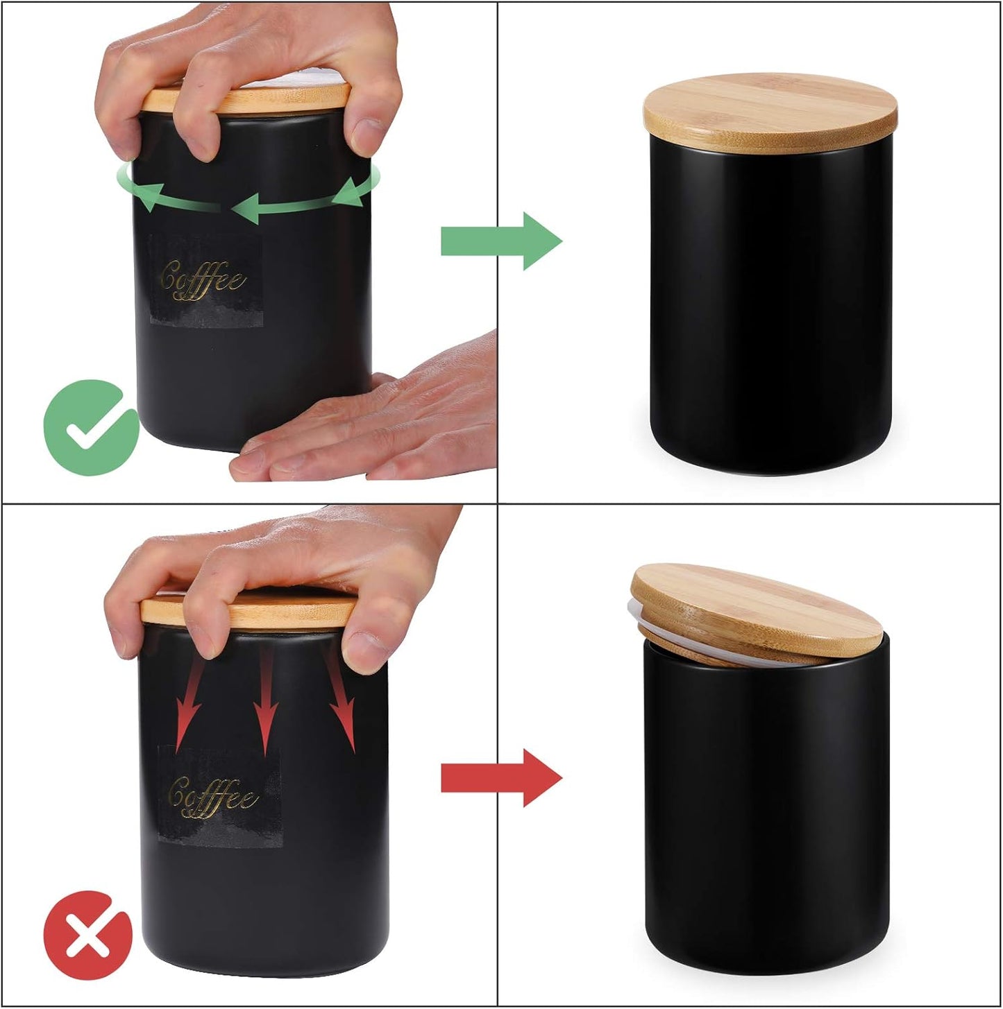 Yangbaga Black Canisters Sets for Kitchen-Set of 3 Coffee Canisters for Countertop with Airtight Wood Lids/Spoons/Stickers, Ceramic Food Storage Containers for Large Suger,Coffee,Tea (42/30/9OZ)