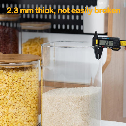 41oz Airtight Glass Square Storage Canister with Bamboo Lid Set of 4 (1200ml) Container Stackable Jar, Kitchen Canister for Pantry Noodles, Flour and Coffee beans (‎with Black Lable)