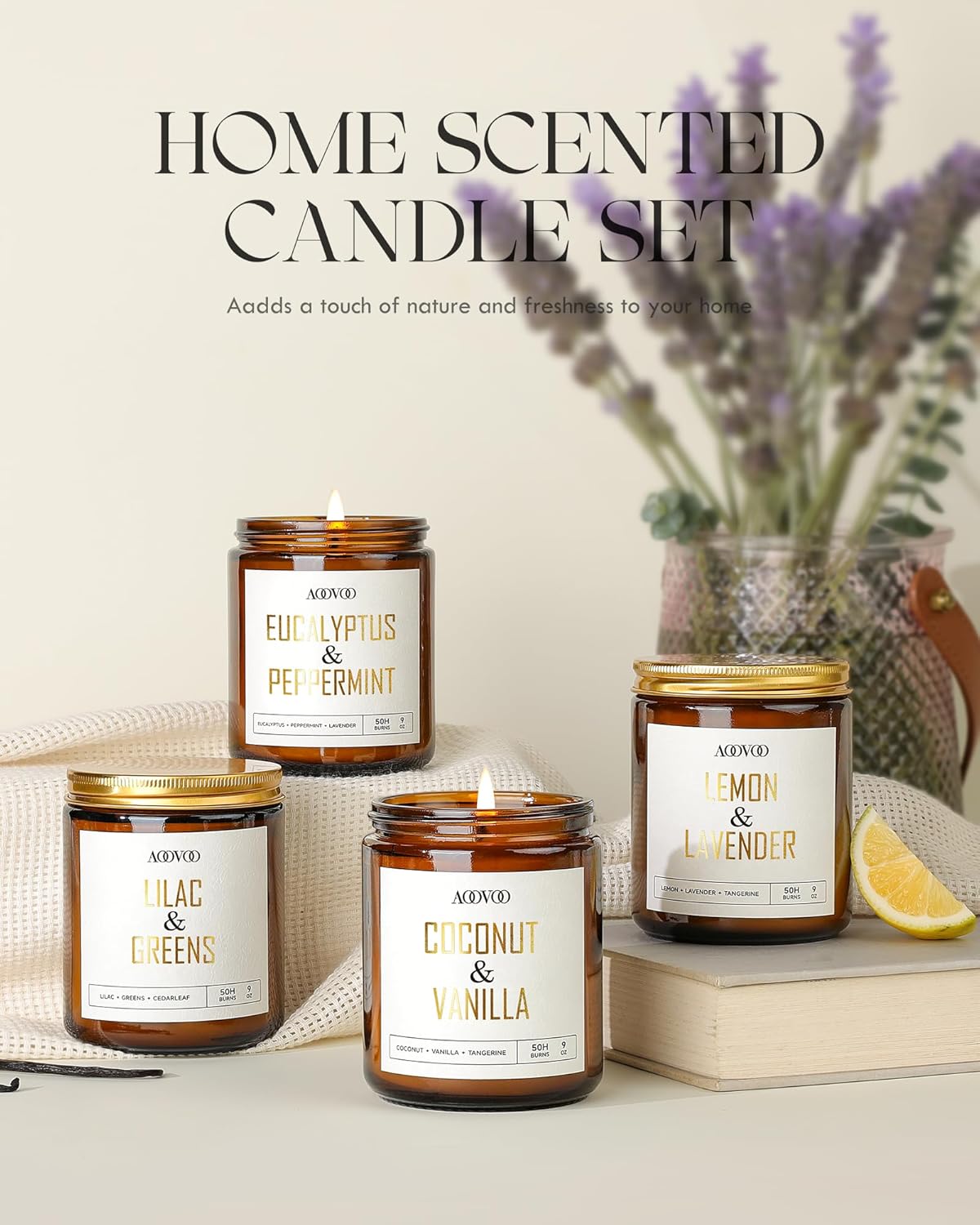 AOOVOO Eucalyptus/Vanilla/Lilac/Lavender Candles - 36 oz Scented Candles, Aromatherapy Candle, Soy Candle for Home Scented