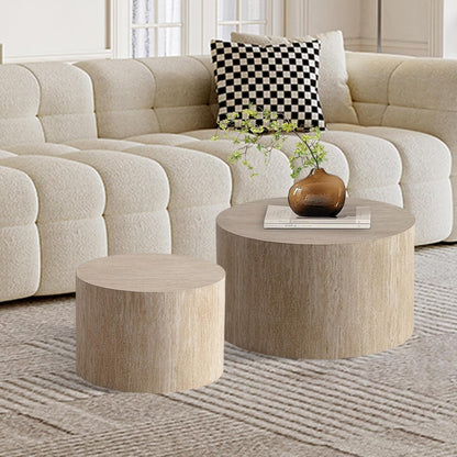 Round Nesting Coffee Table Set of 2, Modern Coffee and End Table Set Small Circle Wooden Drum Side Table Accent End Tables for Living Room Office, No Assembly,Travertine Large