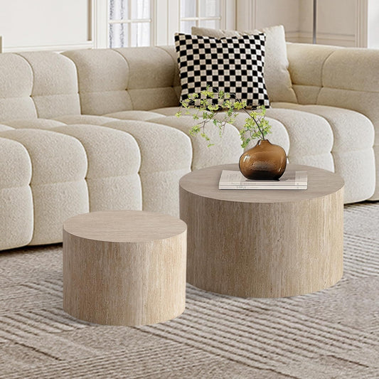Round Nesting Coffee Table Set of 2, Modern Coffee and End Table Set Small Circle Wooden Drum Side Table Accent End Tables for Living Room Office, No Assembly,Travertine Large