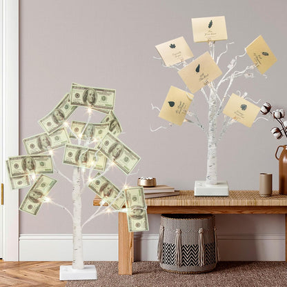 EAMBRITE Money Tree Gift Holder, Gift Card Tree 2FT 24LED, Lighted Birch Trees Battery/USB Powered Timer Photo Display with 12 Clear Clips and 12 Cards for Home Christmas Halloween Picture Memo 2 Pack