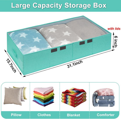 punemi Under Bed Storage With Lids, 2 Pack Large Underbed Storage Containers Clothes W/ 3 Handles, Foldable Low Profile Stackable Drawer Organizer Bins Box for Blanket Shoe,Tiffany Blue