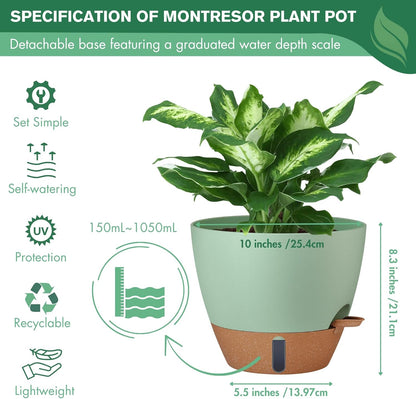 montresor 2 Pack 10 inch Plant Pots, PP Plastic Self Watering Planter with Drainage and Tray for Indoor Outdoor Plants, Water Level Window & Reservoir Flower Pots Decorative Planter (Green)