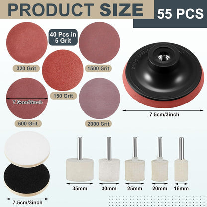 55 Pcs Glass Polishing Kit Windshield Scratch Repair Kit Car Windscreen Glass Scratch Remover 120g Cerium Oxide Powder Wheels Polish Pads Sandpaper Window Repair Tool for Car Windscreen