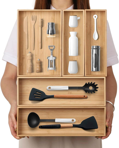 Stack Bamboo Drawer Organizer Set of 5, Kitchen Utensil, Flatware&Silverware Organizer-Wood Laminated Stackable for Kitchen, Bedroom, 13.4''x4.5''*2+10.2''x3.3''*2+10.2''x6.7''*1