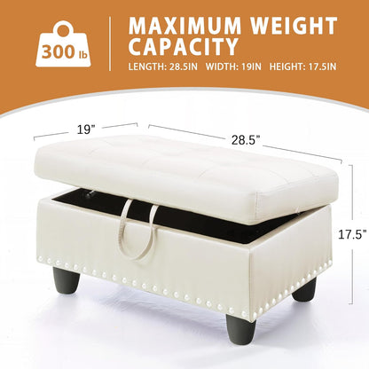 Ottoman Rectangular Storage Ottoman Bench, Faux Leather Footrest, Coffee Table, Stool Footstool with Hinged Lid for Living Room, Bedroom, Entryway, White, 28.5"x19"x17.5"