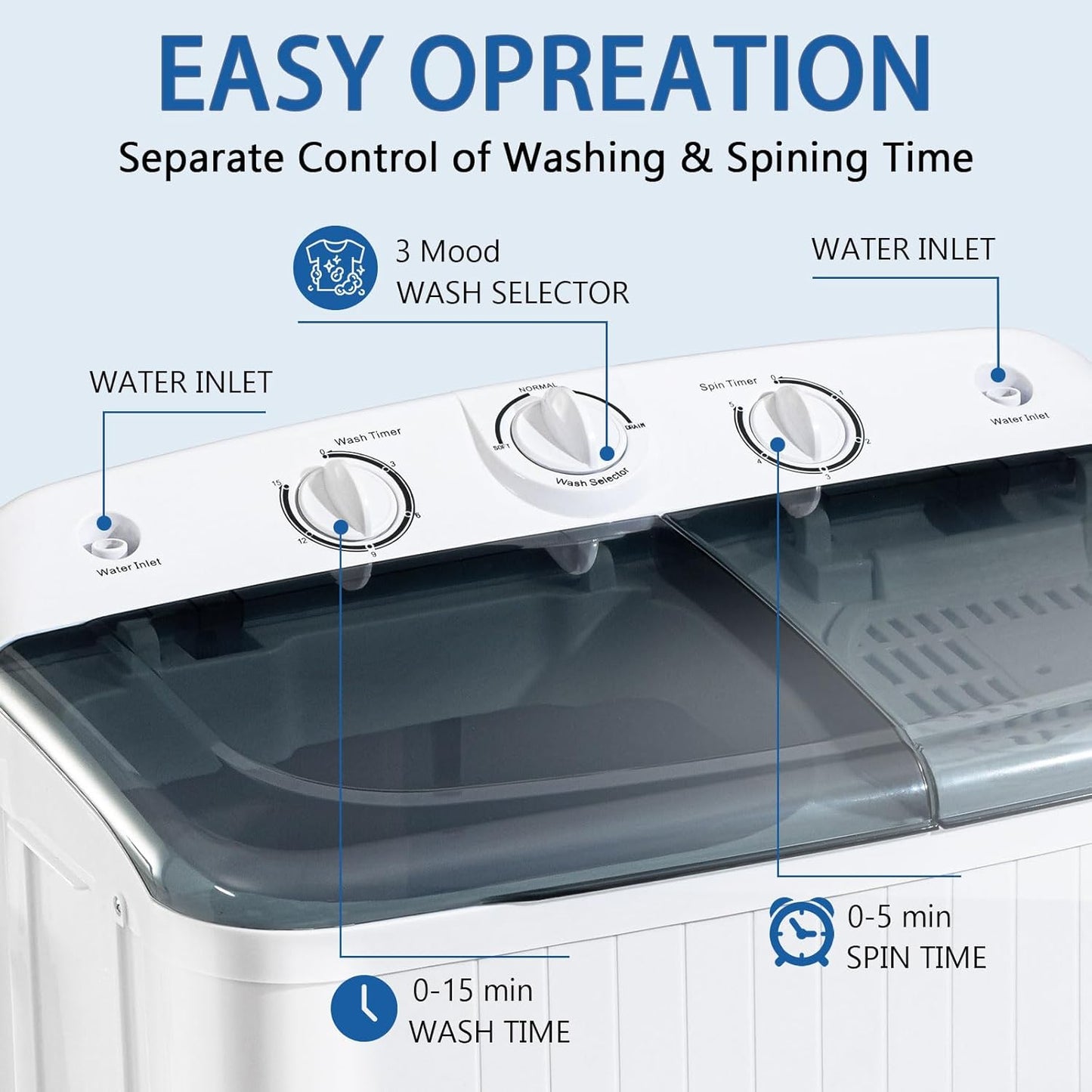 Portable Mini Twin Tub 32lbs Washing Machine With Drying Rack& 10 Hangers, 20lbs Washer & 12lbs Spinner, Small Laundry Washer with Time Control for Camping, Apartments, RV (32lbs)