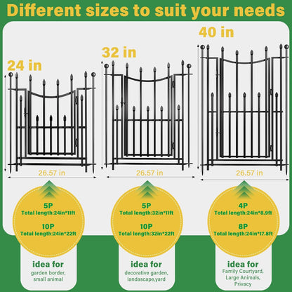 5 Panels No Dig Decorative Garden Fence with Gate, 24in(H) × 11ft(L) Heavy-Duty Rustproof Metal Panels, Outdoor Dog Barrier for Yard & Patio, Landscape, Border| Portable Temporary Fencing