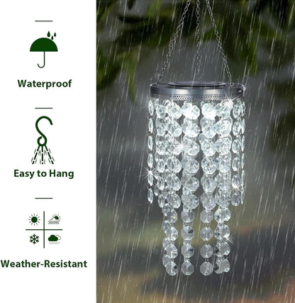 Hanging Solar Lantern Outdoor, 2 Tiers 21” Solar Transparent Acrylic Beaded Chandelier with Cool White LED S Hooks for Garden Yard Patio Gazebo Outside Decor