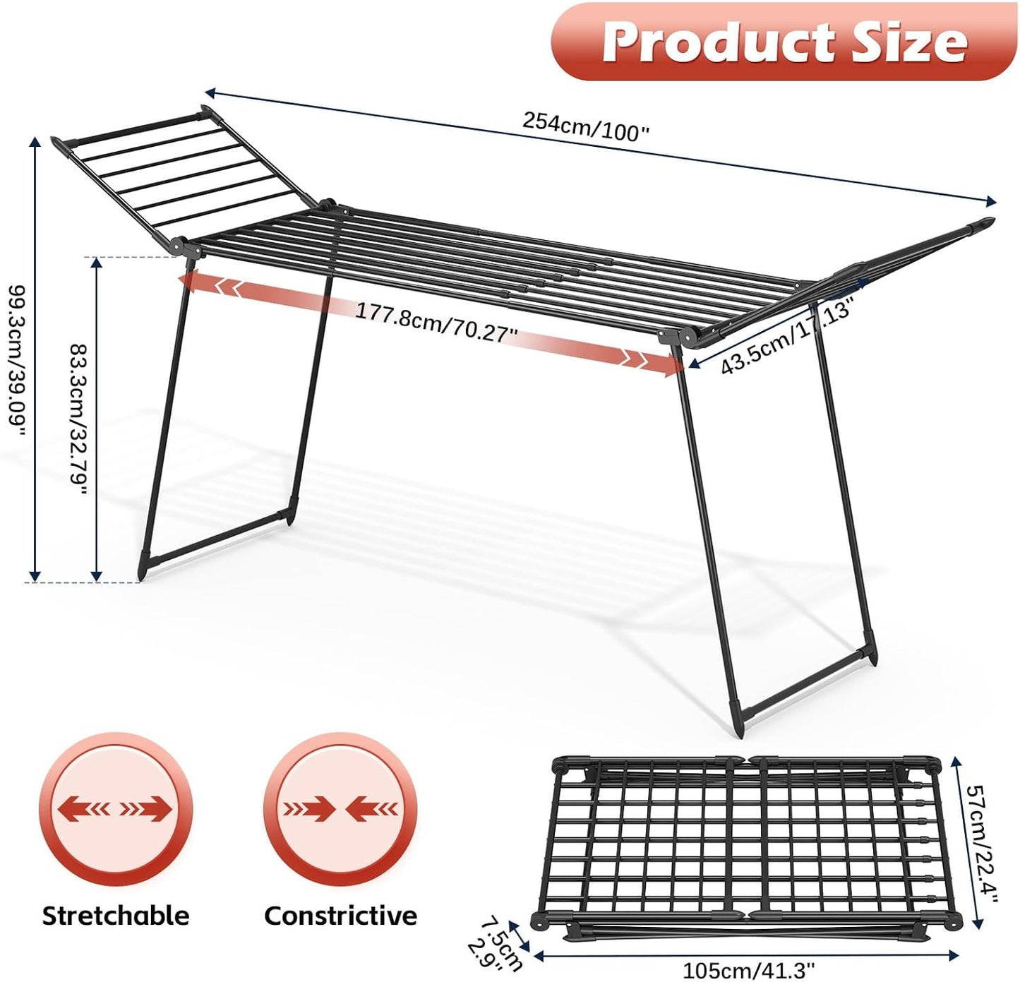 APEXCHASER Clothes Drying Rack Foldable, Large Drying Rack Clothing Retractable, Metal Clothes Airer for Bedding Towel Sweater Heavy Duty, Indoor Outdoor Use, 21.9"W x 100"L x 39"H, No Assembly, Black