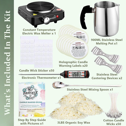 Soy Wax Candle Making Kit Supplies With Wax Melter, Natural Candle Wax for Candle Making - DIY Candles Making Supplies, Including 3lbs Soy Wax Flakes, Melting Pot, Electric Stove, Candle Wick