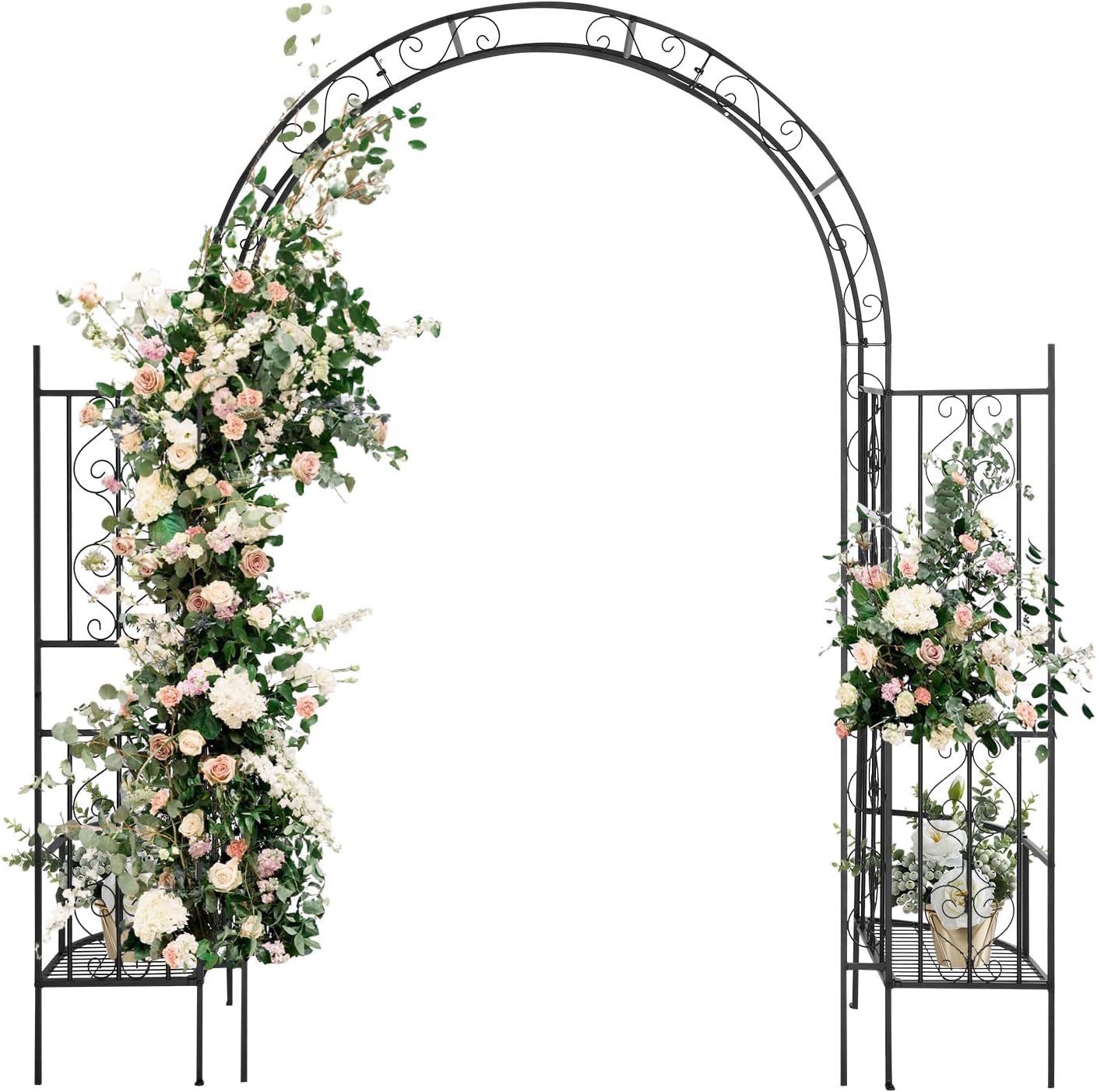 Outvita 7FT Garden Arch Arbor with Plant Stand, Heavy Duty Metal Arbour Archway, Decorative Frame Stand Trellis for Wedding Ceremony Party Plant Climbing Rose Vines Lawn