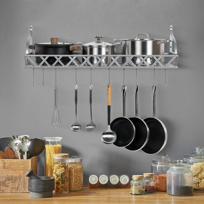 MyGift Wall Mounted Silver-Tone Metal Hanging Kitchen Pots, Pans and Utensils Storage Cookware Rack with 12 Removable S-Hooks and Top Display Shelf for Condiments Spice Rack