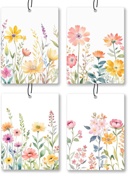 Watercolor Floral Car Air Freshener 4 Pcs, Rustic Cottagecore Flower Hanging Scents Air Freshener for Women Girls Gifts, Cute Aesthetic Scented Car Accessories Decor for Room Closet Drawer