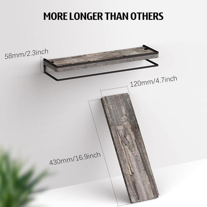 Meangood Floating Shelves Wall Mounted Set of 2, Wall Shelf with Towel Bar Rustic Wood Wall Storage Shelves for Bedroom,Living Room,Bathroom, Kitchen Pine