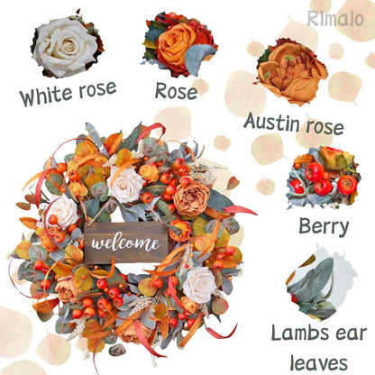 Fall Wreath for Front Door, 24 Inch Autumn Wreath with lamb's Ear Leaves, Roses, Berries & Wooden Sign,Fall Decorations for Home, Artificial Flowers Harvest and Thanksgiving Indoor & Outdoor