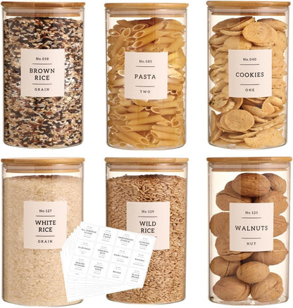6 Pack Glass Jar with Airtight Bamboo Lid and White 132 Kichen Pantry Labels Preprinted - 28 Oz Clear Round Glass Food Storage Containers set For Tea Coffee Bean Cookie