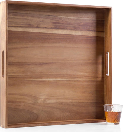 Extra Large Square Wood Tray, Generously 22" Acacia Serving Trays for Large Ottoman Coffee Table, Giant Square Shape Sofa Tray with Handles, Kitchen Organizer Storage Trays Huge Counter Serveware