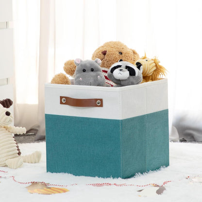 HNZIGE Fabric Storage Cube Bins Baskets for Organizing, 11 inch Cube Storage Bins, Set of 4, Collapsible Storage Bin with Handles, Closet Organizers and Storage Home Toy Nursery Bedroom(White Teal)
