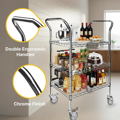 Northsky 3-Shelf Wire Utility Cart on Wheels, Chrome Finish Rolling Metal Shelving with Wheels, 550lb Capacity, 24" x 18" x 44.1", 3 Tier Rolling Cart for Kitchen Bar Storage Use
