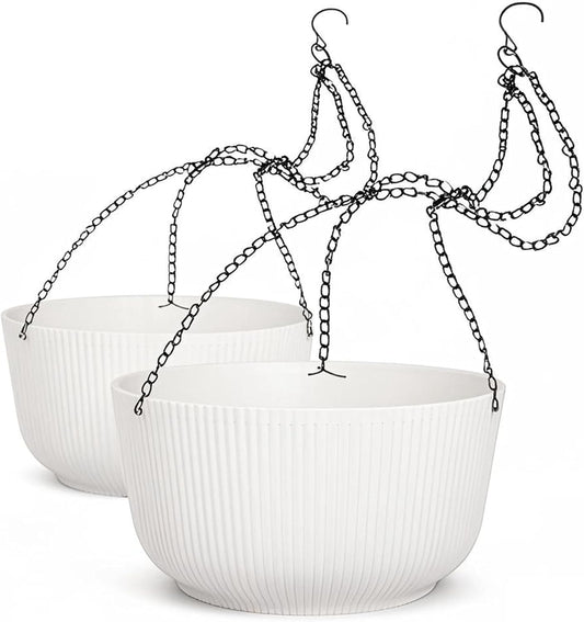 Dexceder 8.75 Inch Self Watering Hanging Planters Indoor Outdoor, Thickened Hanging Basket Flower Plant Pot (2 Pack, White)