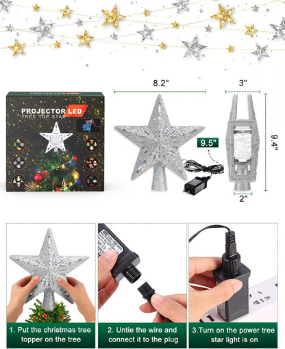 Kesfitt Christmas Tree Topper with 10M Colorful Light Cord, Tree Top Star Decoration with 6 Projection Modes, Silver Tree Topper Lighted 3D Glitter Dynamic Projection for Xmas Party Holiday