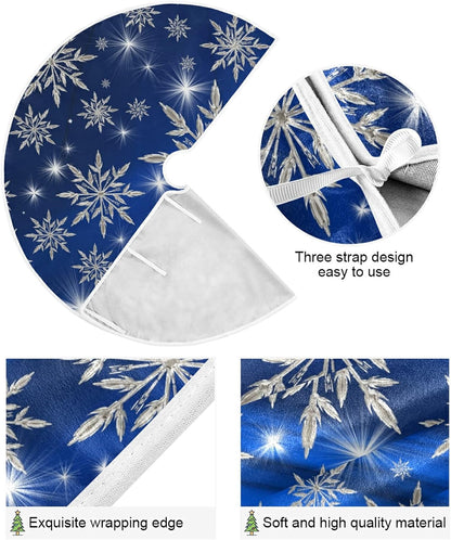 Christmas Blue Snowflakes Background Tree Skirt, Seasonal Tree Mat Holiday Party Supplies Ornaments Indoor Outdoor Decorations for Tabletop Trees 35.4 Inches