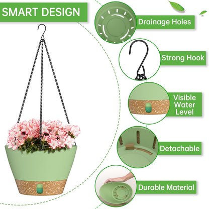 ZMTECH 2 Pack 10 Inch Hanging Planters for Outdoor Plants, Hanging Pots for Plants Indoor with Visible Water Level, Hanging Flower Basket with Drainage Holes & Removable Tray(Green)