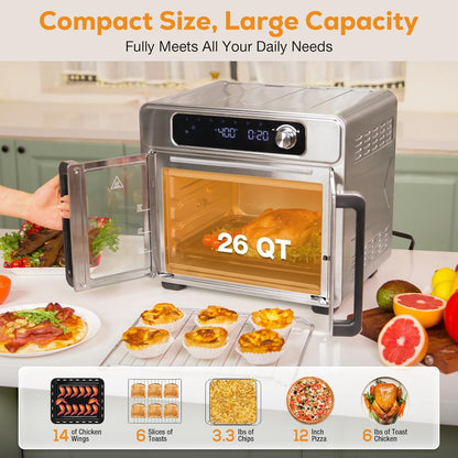 Romswi 26QT French Door Air Fryer Toaster Oven Combo, 24 Cooking Functions and Digital Controls, Fits 12" Pizza, 6 Slices of Toast, Rotisserie 6lb Chicken, 6 Accessories Included