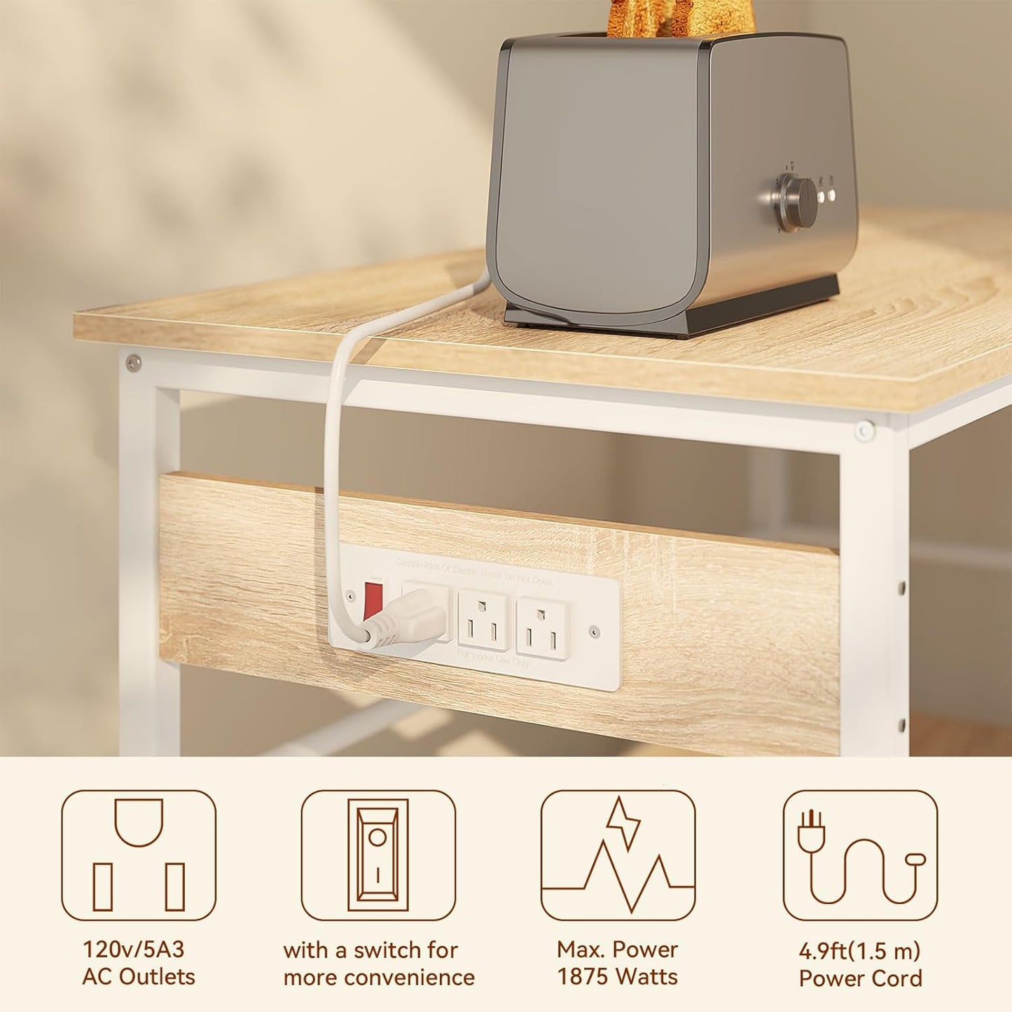 IBUYKE Kitchen Island with Storage, Bakers Rack with Power Outlet,Microwave Stand with Large Worktop,Rolling Bar Cart for Home, Outdoor, Kitchen,Light Wood TMJ029R