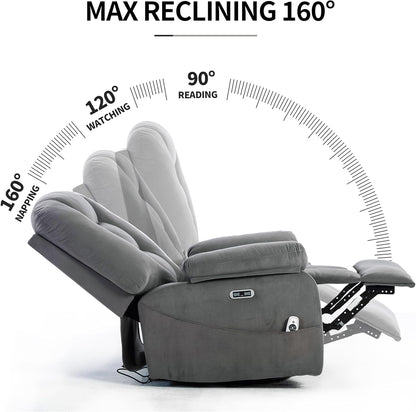 Power Swivel Rocker Recliner Chair for Adults,Rocking Recliners Chairs with Massage and Heat for Living Room, Electric Fabric Reclining Sofa Chair with USB and Type-C Port (Gray)