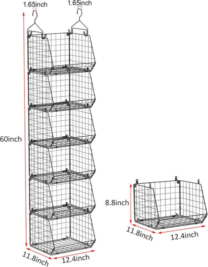 6 Tier Closet Hanging Organizer, Clothes Hanging Shelves with 4 Hanging Hooks 5 S Hooks, Wire Storage Basket Bins, for Clothing Sweaters Shoes Handbags Clutches Accessories Patent Design-Black