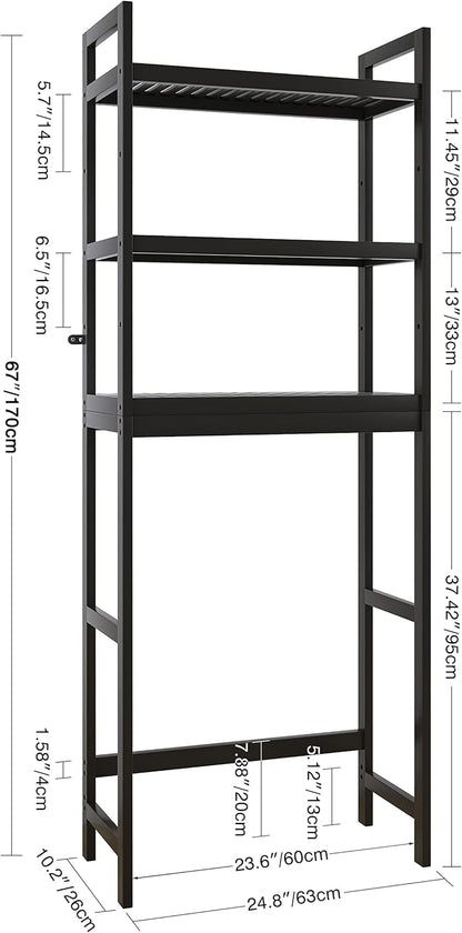 SMIBUY Bathroom Storage Shelf, Bamboo Over-The-Toilet Organizer Rack, Freestanding Toilet Space Saver with 3-Tier Adjustable Shelves (Black)