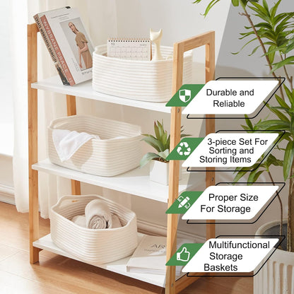 OIAHOMY Cotton Rope Storage Baskets | Decorative Storage Basket for Closet Storage, Home Organizing Bins and Nursery Decor | Cotton Rope Woven Baskets for Storage Shelf, Pure and White