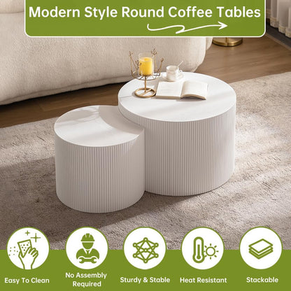 Round Nesting Coffee Table Modern White Fluted Coffee Table Set of 2 Stripe Round Coffee Tables Drum Crescent Side Table Accent End Table for Living Room (White A Small)