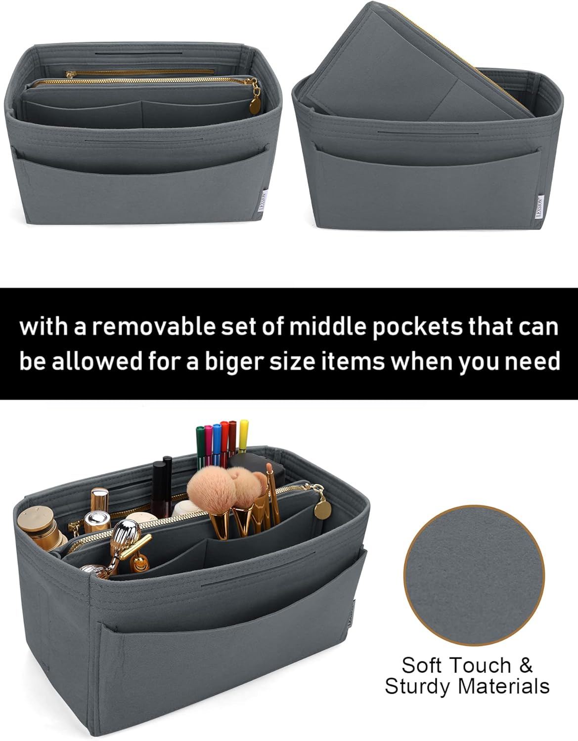 LEXSION Felt Purse Bag Organizer Insert with zipper Bag Tote Shaper Fit Speedy Neverful PM MM