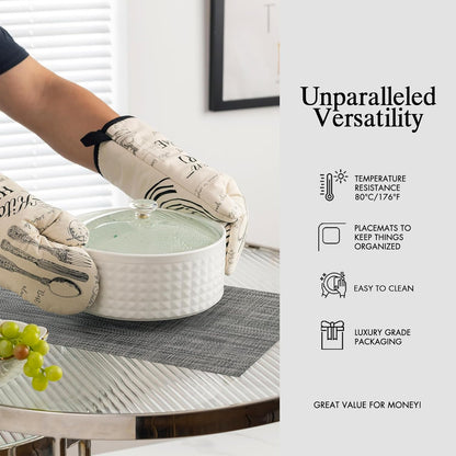 Placemats Set of 8 - Easy Clean Woven Vinyl Placemats for Dining Table, Indoor/Outdoor Place Mats, Washable PVC Table Mats（Dark Gray）