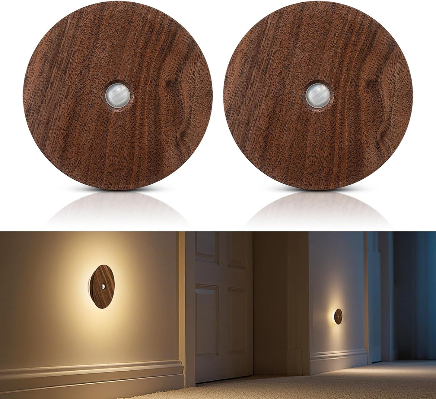 Motion Sensor Night Light Wood Rechargeable Battery-Powered Stick-On Step Lights Loftie Lights Magnetic Closet Warm Nightlight for Hallway Bedroom Stair (2 Pack Black Walnut)